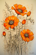 Beautiful composition of orange flowers, ink drawing, on canvas