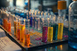 Biochemistry experiment in detail, test tubes with colorful compounds, digital notes on the side 