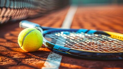 Wall Mural - Close-up view of tennis ball with racket on clay court. Sports equipment captured in vibrant colors on sunny day. Ideal for sports themes and active lifestyle visuals. AI