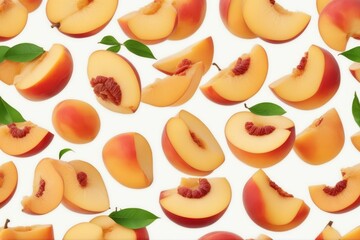 Wall Mural - 'peach fruit sliced collection isolated white background slice set red ripe yellow food healthy fresh 1 cut orange juicy vegetarian half nectarine closeup object macro clipping path pit'