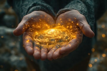 Wall Mural - Hands holding glowing sparkle light on dark background with copy space.