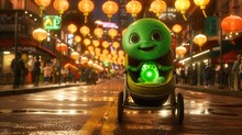 A Strange Glowing Green Creature. In A Baby Stroller In The Middle Of A Street In Chinatown. Generative Ai