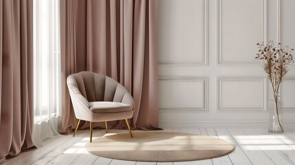 Poster - Elegant minimalist living room with beige armchair and curtains. Modern home decor with daylight. Stylish interior design concept. AI