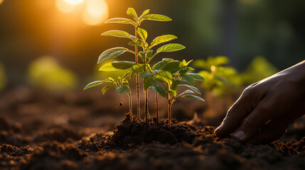 hands with seedlings on sunset background. Spring concept, nature and care.