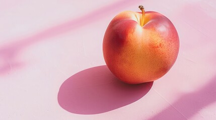 Wall Mural - Whole peach casting shadow on pink surface, studio photography with soft shadow