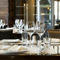 Sophisticated dining table arrangement with crystal glasses and fine china in a luxury restaurant