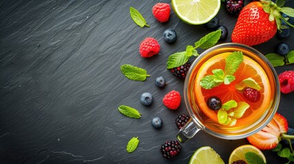 Poster - Cup of tea with mint, berries and lemon on black background