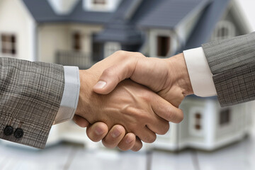 Business handshake with property models in the background signifying successful real estate deals 