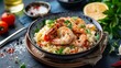 Gourmet shrimp risotto in a rustic bowl on dark table