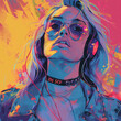 Illustrated woman in 90s attire with vibrant neon colors