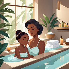 a vector art illustration of a mother relaxing at a spa with her child