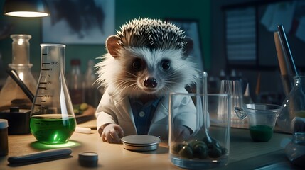 Wall Mural - A hedgehog in a scientist's lab coat, conducting adorable experiments in a tiny laboratory