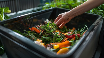 A person's hand adding vegetable scraps to a compost bin containing a mixture of food waste for sustainable recycling and reducing kitchen waste.