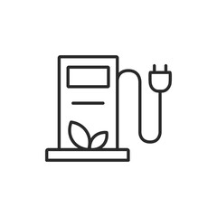 Electric Vehicle Charging Station icon. This symbol represents the infrastructure for charging electric vehicles, indicating sustainability with a leaf emblem. Vector illustration