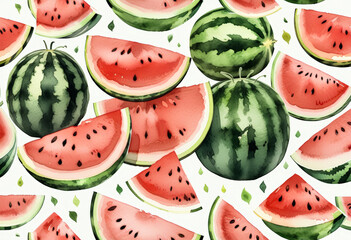 Sticker - Seamless watercolor pattern of ripe watermelons, whole and sliced, ideal for summer, picnics, or National Watermelon Day themed designs