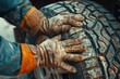 A man is wearing gloves and working on a tire. The tire is dirty and has a lot of wear and tear. The man is focused on his work and seems to be in a serious mood