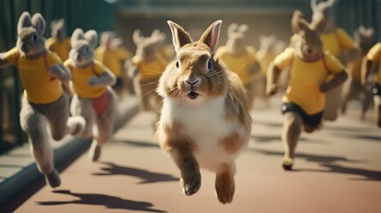 Wall Mural - A rabbit in workout gear, leading a group of tiny animals in an energetic exercise routine