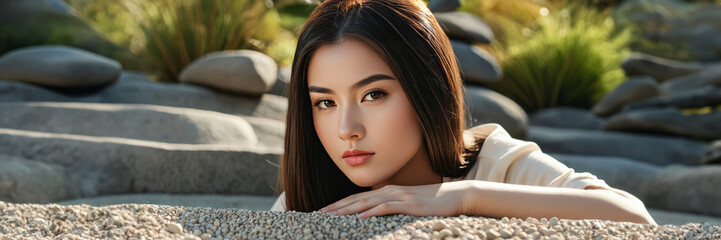 Canvas Print - Serene Asian woman relaxing in a Zen garden, embodying mindfulness and wellness concepts, suitable for spa and self-care themed projects