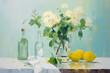 Still life in light green tones. Oil painting in impressionism style. Horizontal composition.