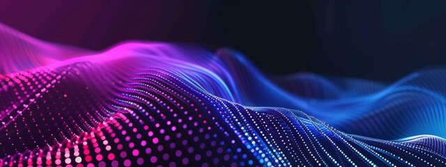 Wall Mural - Abstract background with black gradient and blue purple glowing dots on dark wave pattern for digital technology, science or futuristic concept design banner.