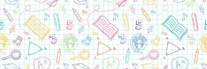 back to school background. seamless pattern with doodle supplies. children colorful background with 