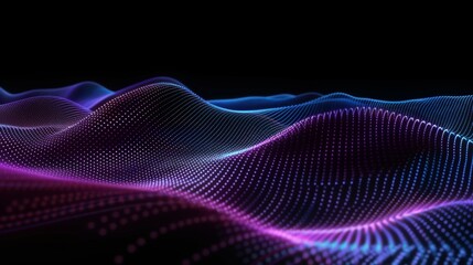 Abstract background with black gradient and blue purple glowing dots on dark wave pattern for digital technology, science or futuristic concept design banner.