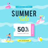 Fototapeta Panele - Summer sale coupon promotion vector design. Summer surfing