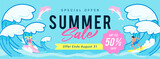 Fototapeta Panele - Summer sale promotion banner vector illustration. Big wave surfing with pink dolphin jumping