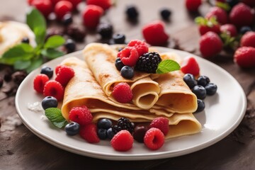 Wall Mural - 'crepes fresh berries plate breakfast blueberry strawberry jam red closeup european french food meal berry delicious dessert sweet diet snack sugar homemade epicure traditional battercake napkin'