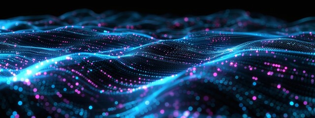 Abstract background with black gradient and blue purple glowing dots on dark wave pattern for digital technology, science or futuristic concept design banner.