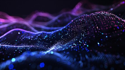 Abstract background with black gradient and blue purple glowing dots on dark wave pattern for digital technology, science or futuristic concept design banner.