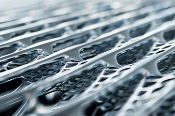 Closeup of an aluminum car radiator showcasing the intricate mesh pattern for efficient cooling space for text  