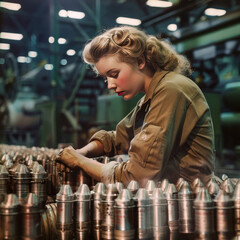 Woman Defense Worker During World War II.  Generated Image.  A digital rendering of a woman defense worker during World War II.  Rosie the Riveter.  