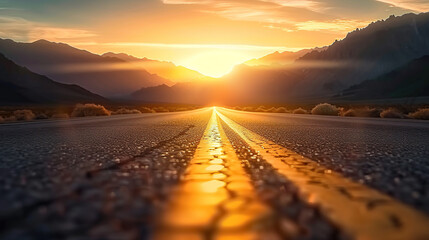 Wall Mural - Low level view of empty old paved road in mountain area at sunset