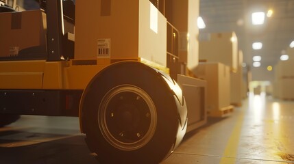 Poster - Close-up on forklift moving boxes in a distribution center, detailed view of wheels and cargo, industrial lighting.