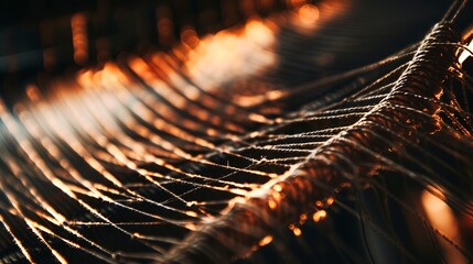 Close-up on knitting machine weaving yarn, intricate detail of loops and yarn, ambient light.