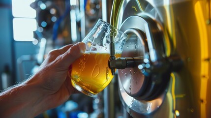 Canvas Print - Brewery worker testing beer color and clarity in a glass, detailed view, amber liquid, soft backlight. 