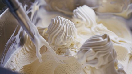 Poster - Ice cream being filled into containers, close-up on swirls, creamy texture, bright cold light. 