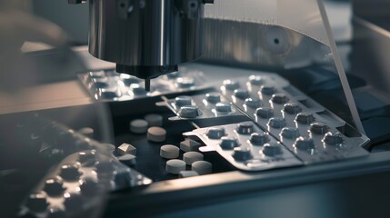 Canvas Print - Close-up of a tablet press machine compressing powder, detailed view of molds and tablets, industrial lighting. 