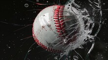 Color Image Of A Red Softball Breaking Glass On Black Background. Illustrating Accident And Damage