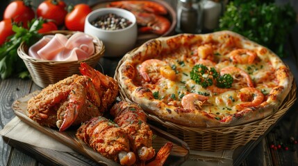 Wall Mural - A table with a pizza, shrimp, and other food