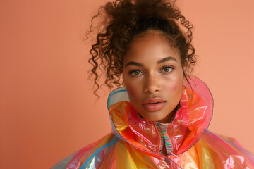 Beautiful black woman with curly hair wearing colorful metallic hooded raincoat against a peach background. Fashion studio photoshoot.