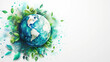 Earth surrounded by green leaves and watercolor splashes on a white background