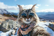 Maine coon cat takes selfies. He is wearing a scarf and sunglasses, standing against a background of the rocky mountains. Travel animal concept.