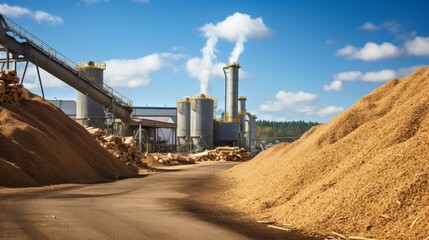 Biomass facility with wood chip piles, industrial setting with ample negative space for environmental text.