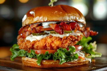 Poster - Closeup of a deluxe chicken sandwich with fresh lettuce and tomato slices on a rustic wooden table