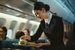 A flight attendant in the business class section serves a sandwich to a passenger onboard an airplane