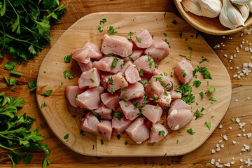 Wall Mural - Top-down view of a wooden cutting board on a kitchen counter, covered with freshly chopped pieces of chicken meat