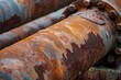Detailed view of aged industrial pipes covered in rust and corrosion, showing signs of deterioration and wear