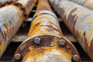 Close-up view of a rusty and corroded segment of an industrial pipeline, showcasing the aging process